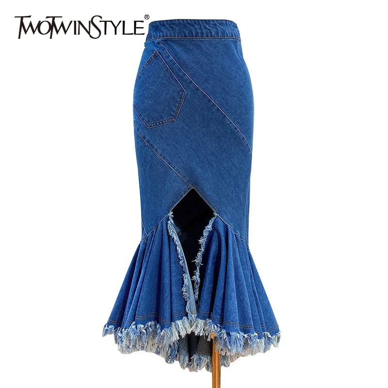 

TWOTWINSTYLE Asymmetrical Bodycon Denim Skirt For Women High Waist Patchwork Tassel Midi Skirts Female Fashion New Clothing 2021