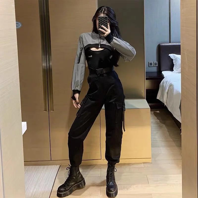 Sport Trouser Women Pants Baggy Harajuku Punk Black Cargo Pants Y2k High Waist Joggers Korea Sweatpants Vetement Femme Free Belt