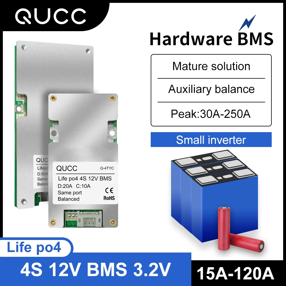 Qucc Lifepo4 BMS 4S 12V 18650 Lithium Battery Protection Board 15A 20A 30A 40A 60A 100A 120A with Balance Temperature Control