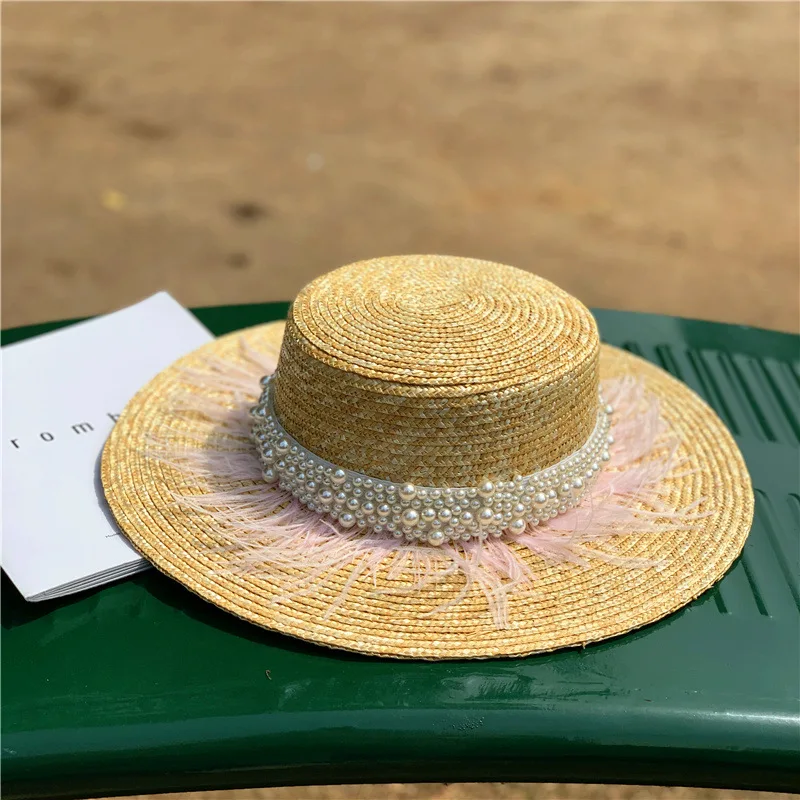 Wide Brim Straw Hat Leather Pearl Decoration Flat Top Summer Hat for Women Fashion Beach Hat Jazz Panama Hat Kentucky Derby Hat