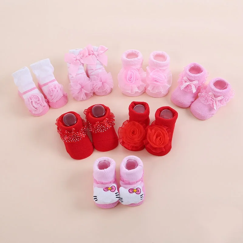 Cute New Born Baby Girl Socks Princess White Red Infant Lace Toddler Sock Cotton Bowknot Set Children Meias Infantil