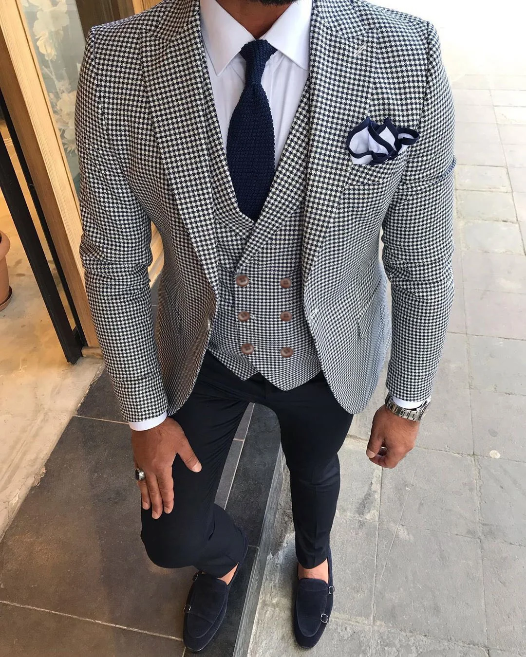 

Men's Houndstooth Three Piece Suit Men's Slim Fit Dress Suit Fashion Plaid Checked Blue Purple for Wedding (Jacket+Pant+Vest)