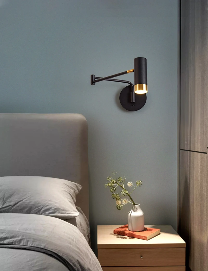 Swing Arm Nordic Bedside Wall Lamp with Switch White Black Post-modern Minimalist Interior Led Reading Lights Fixtures E27