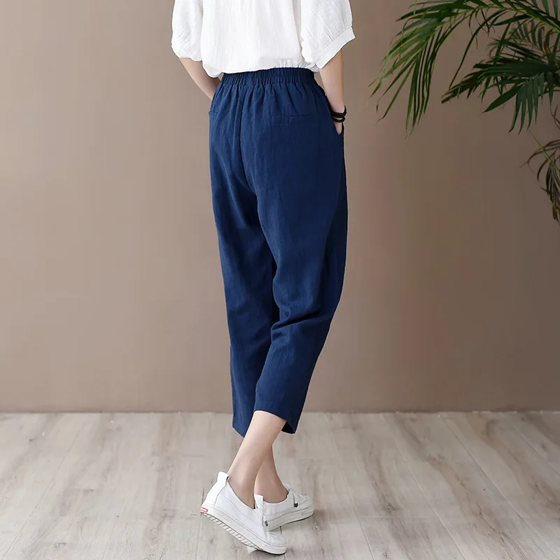 Shanghai Story Women's Linen Cropped Pants Tapered Ankle Capris Trousers Elastic Waist 5 Color