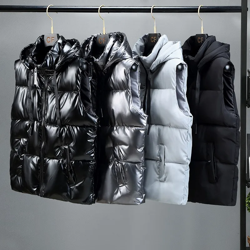 New Vest Men Casual Thicken Winter Waterproof Warm Hooded Sleeveless Coat Hat Detachable 3XL