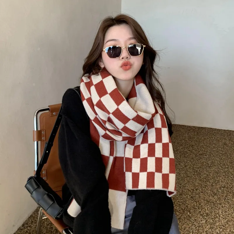 Large Checkerboard Plaid Scarf Female Ins New Autumn and Winter Warm Knitted Scarf Student Retro Shawl