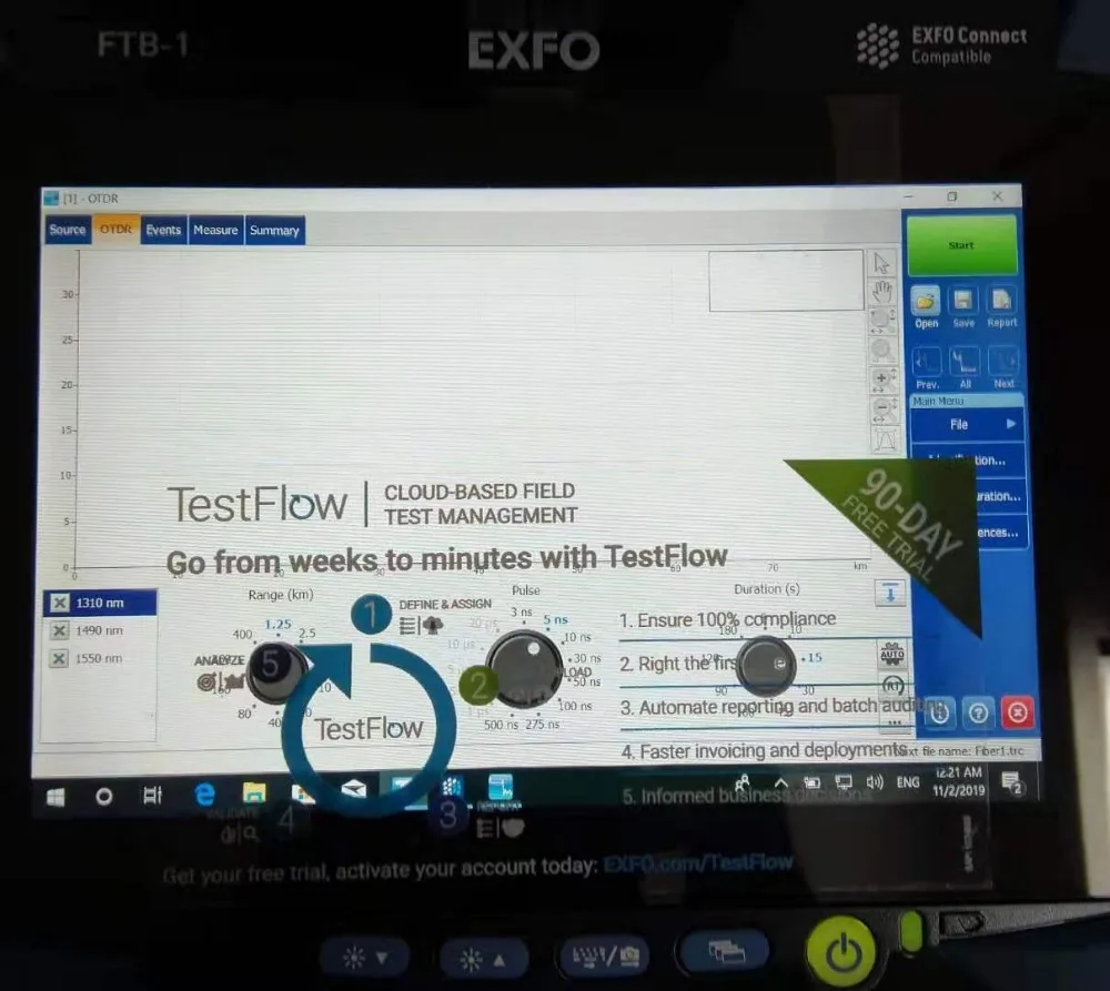 Original EXFO FTB-1 v2 FTB-735C-SM4, SM, 1310/1490/1550nm, 42/41/41dB OTDR 1490nm PON OTDR with SC adpater