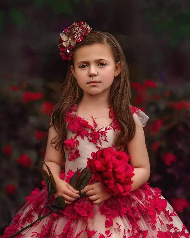 Robe à fleurs rouge pour mariage, robe de concours pour les filles, en Tulle, col V, avec Appliques à fleurs 3D, tenue d'anniversaire, première Communion