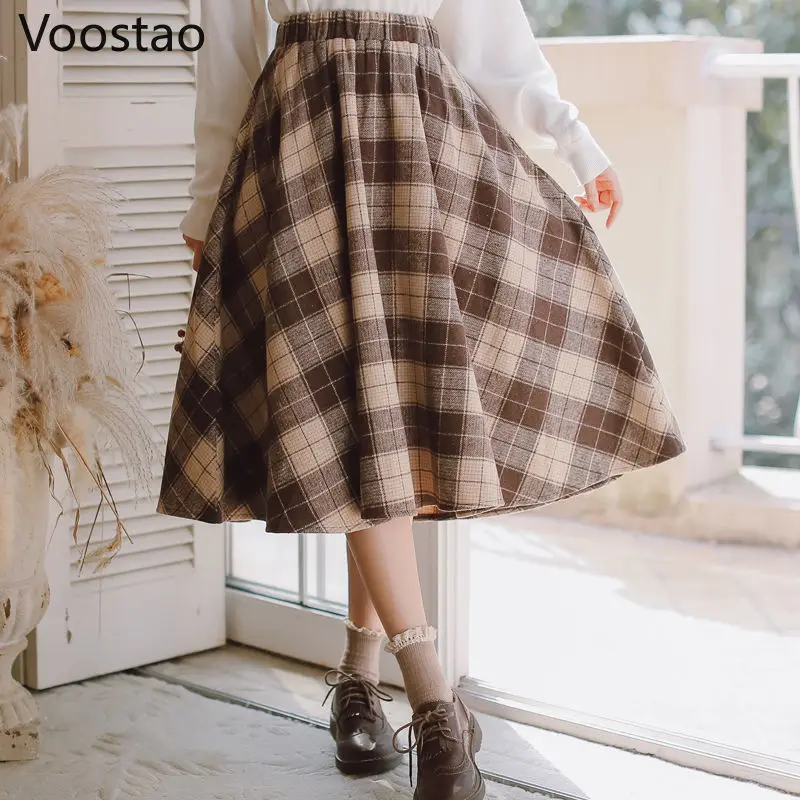 Autumn Winter Woolen Plaid Vintage Skirt Women Japanese Style Chic Patchwork Elegant Midi Skirt Female Y2k Korean Fashion Skirts