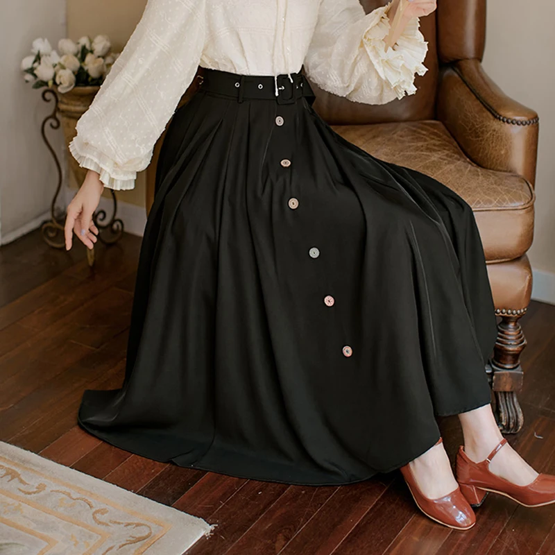 Streetwear Long Skirt Women High Waist Single breast Pleated Skirts WIth Belt Summer Autumn Maxi Skirt jupe femme