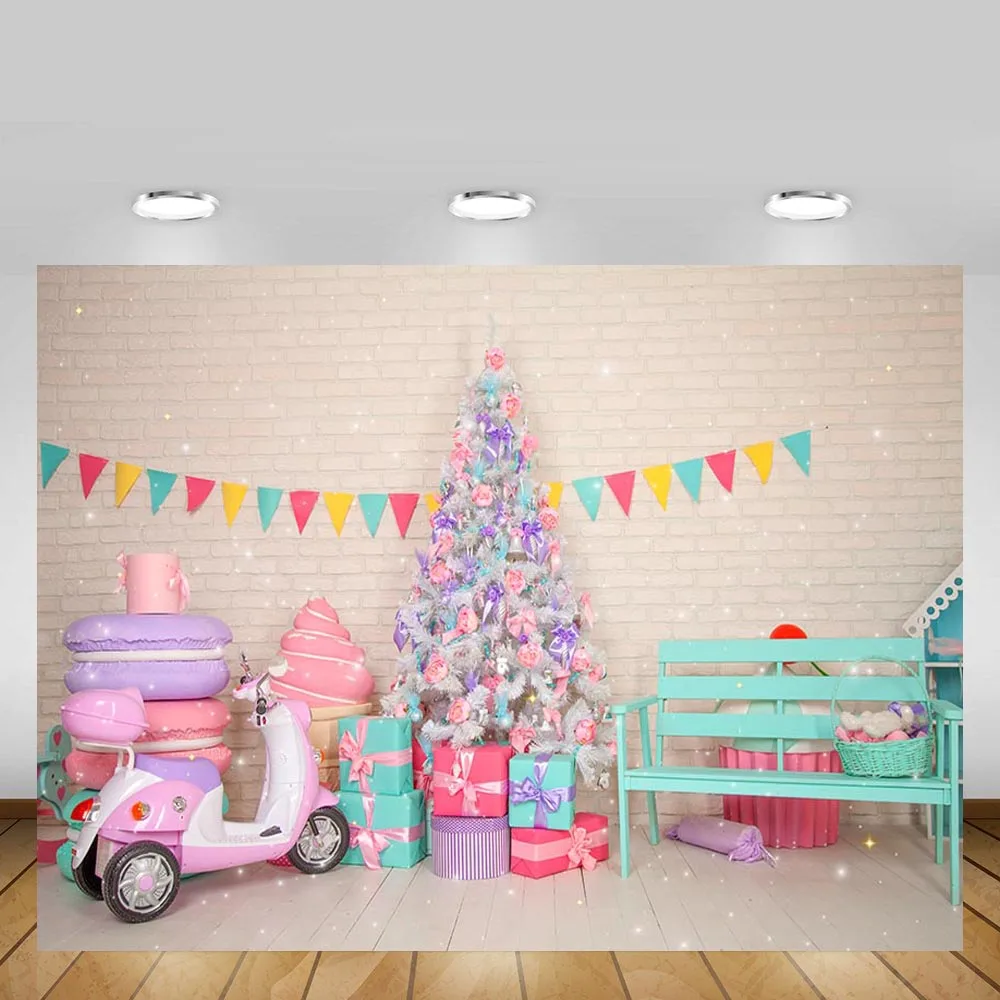 Mehofond Christmas Backdrop Brick Wall Wood Floor Gift Dessert Baby Shower Portrait Photography Background Photo Studio Photocal