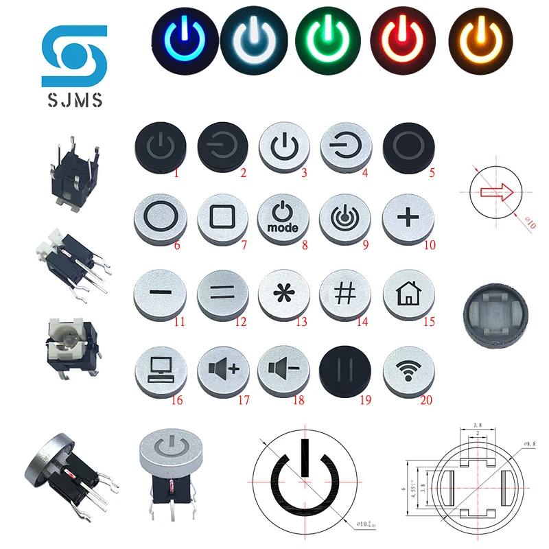 SJMS 5Pcs 6*6*9.5mm 6PIN DIP Through Hole Micro Push Button Tactile Momentary With LED Switch Tact Push Indication  Button mode