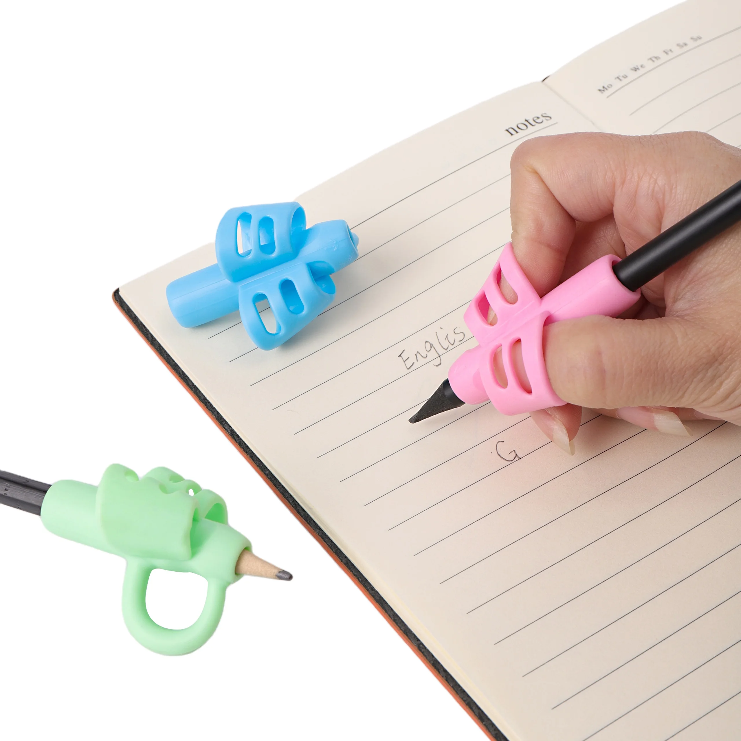 Portalápices de dos dedos de silicona para bebé, herramienta de aprendizaje de escritura, bolígrafo de escritura para niños, dispositivo de corrección de escritura, regalo de papelería, 3 piezas