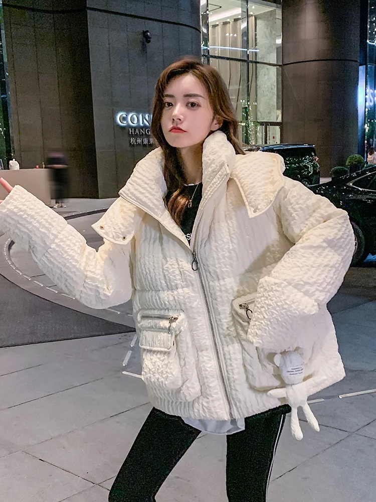 Doudoune courte Beige en duvet de canard blanc pour femme, manteau à capuche, ample et épais, nouvelle collection hiver