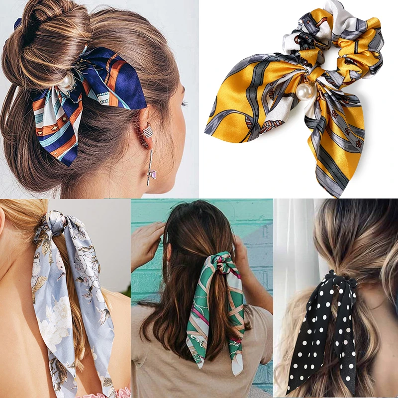 Chffion Hair Scrunchies Fashion Big Bow Women Pearl Ponytail Holder Tie Hair Elastic Rubber Bands Hair Accessories Headwear