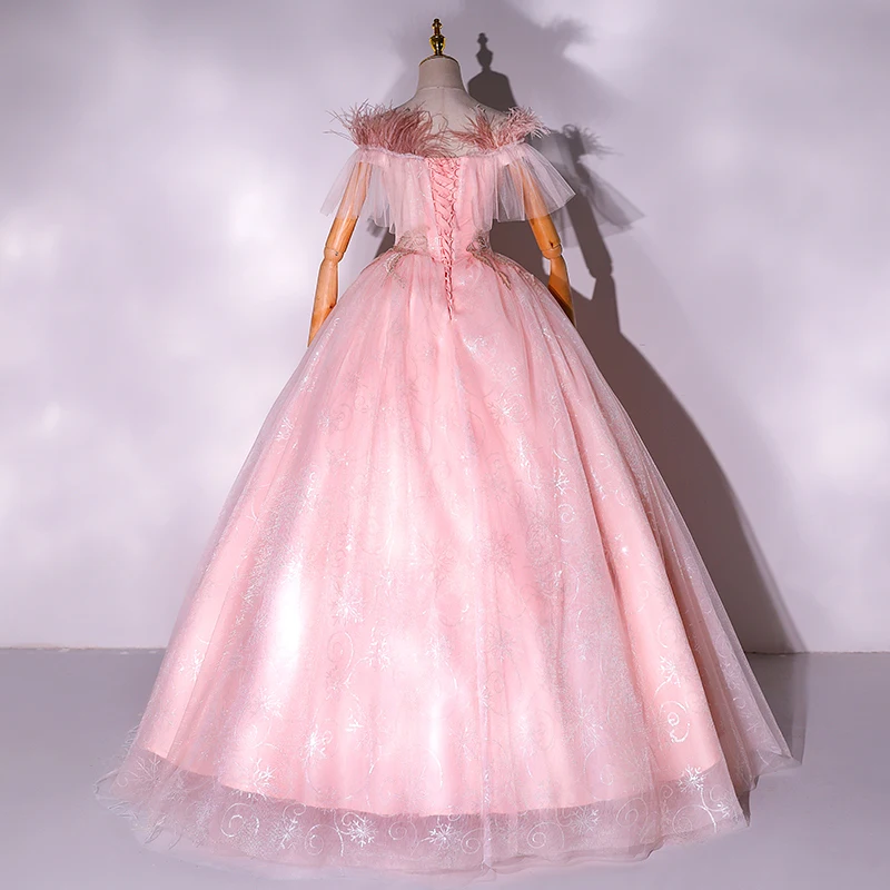 pink fur slash collar ball gown beading medieval dress sissi princess Medieval Renaissance Gown Victorian Belle ball