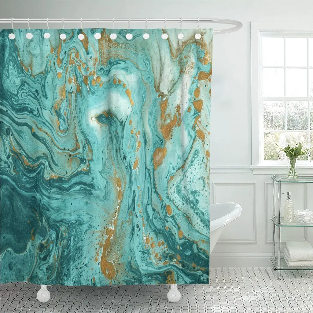 

Green Beautiful Abstract Golden and Turquoise Mixed Paints Marble Shower Curtain Waterproof Fabric 72 x 78 Inches Set with Hooks