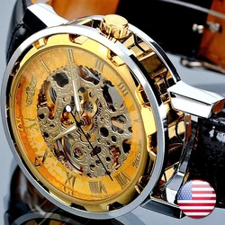 2020 Winner Luxury Brand Men Watches Black Leather Band Stainless Steel Skeleton Watch for Man Gold Mechanical Wrist Watches AA