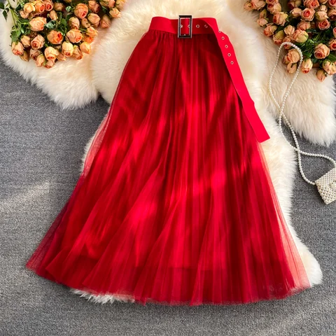 2025 Spring Women Elegant Skirt Elastic High Waist A-line Pleated Mesh Skirts Female High Quality Red Yellow Black Midi Skirt
