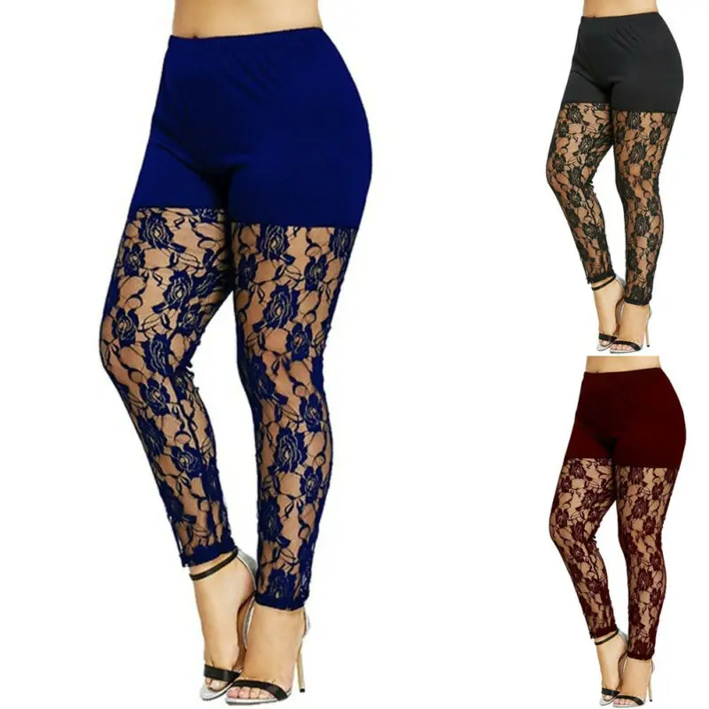 Size 4XL Leggings for Women High Waist Pencil Pants Skinny Lace Hollow Out  Floral Tight Trouser Casual Women Homewear