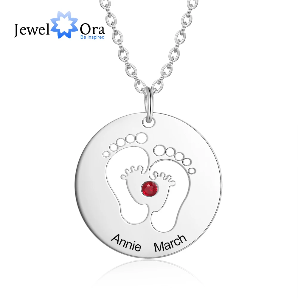 JewelOra Designer Jewelry-Personalized Baby Feet Necklace with Custom Birthstone Engraved Name & Date Pendant Necklace Mom Gifts