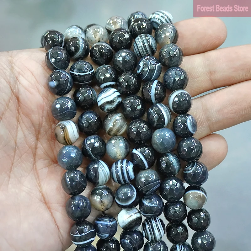 

Natural Stone Faceted Striped Black Agates Onyx Round Loose Beads For Jewelry Making DIY Bracelet Earrings 15'' 4/6/8/10/12mm