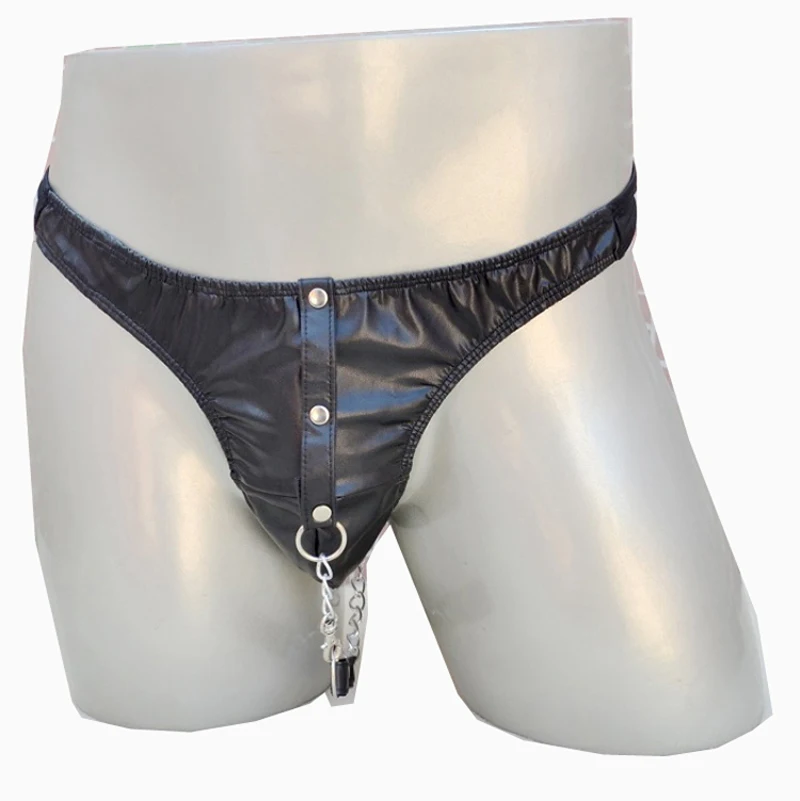 Sexy Faux Leather  Chain Thong And G-String  Low Waist Men Underpants Black Red ZJH197P