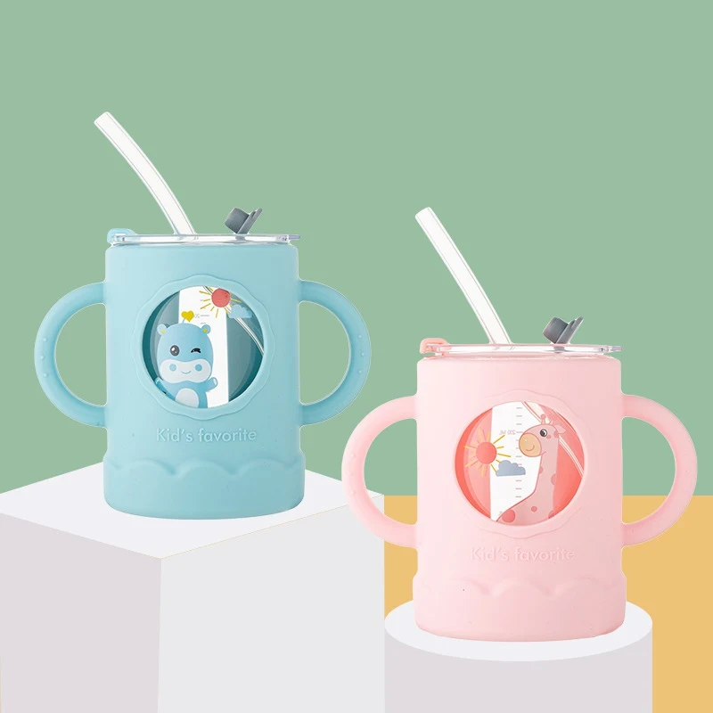 Children\'s Cute Cartoon Anti-scalding Milk Cup Drop-resistant Microwave-heatable Milk Powder Straw Glass Bottle BPA-free