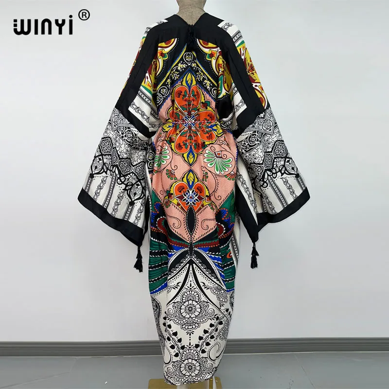 WINYI-vestido de seda con manga de murciélago para mujer, KIMONO, cárdigan, Bata de punto, cóctel, sexy, bohemio, Maxi, vacaciones africanas,