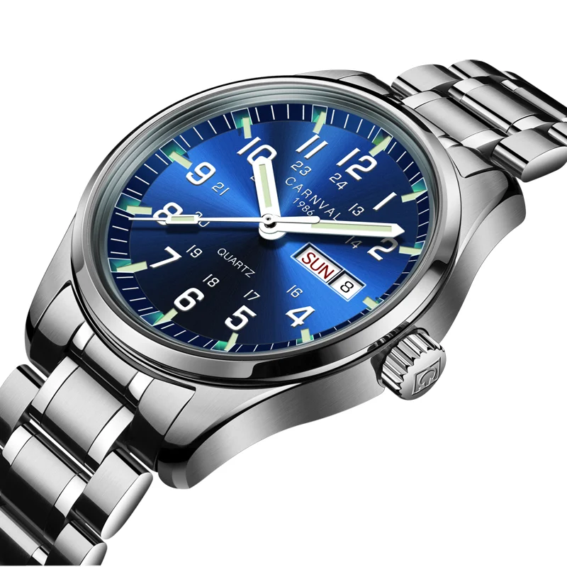 

Switzerland CARNIVAL Luxury Brand Japan MIYOTA Quartz Men's Watches Luminous Hands Real Sapphire Waterproof Steel Clock C8638-1