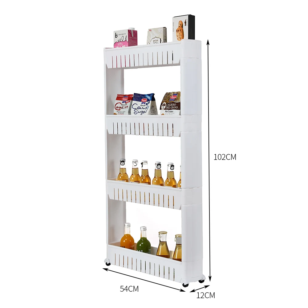 4 Layer Plastic Narrow Storage Rack Slim Cart Shelf Safety Nontoxic and High Temperature Resistant White 54.5x12.5x102CM[US-W]