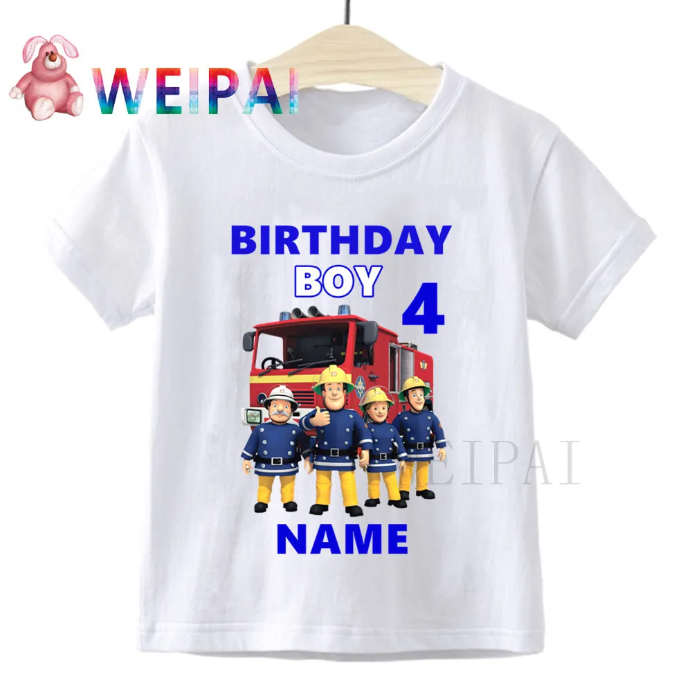 Kids Fireman Sam Birthday Number 1~9 Cartoon Print Children Clothes T-shirts Boy&Girl Write Name Funny Gift Tshirt Baby 24M-8T