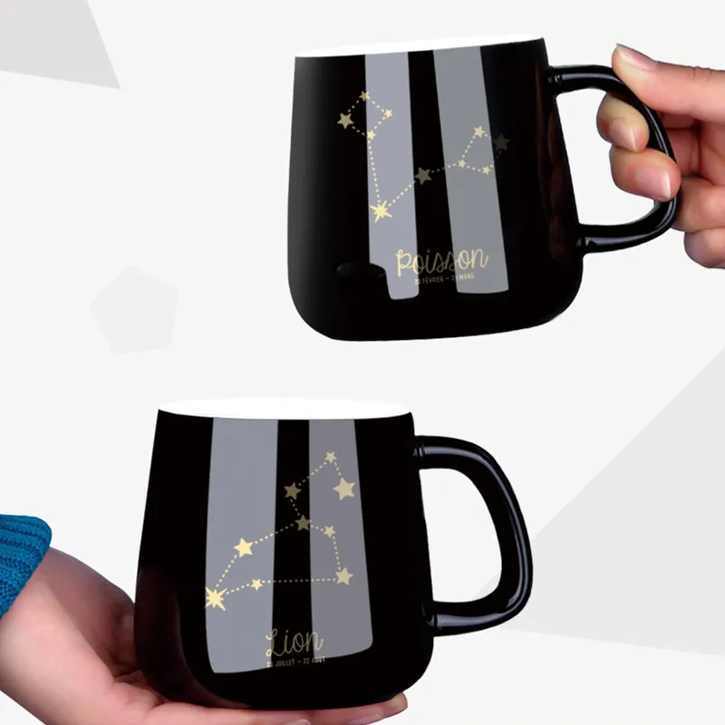 Ceramic Mugs 12 Constellations Creative Mugs With Spoon Lid Black Mug New Bone China Milk Coffee Cup Drinkware Gift Box Tea Mug