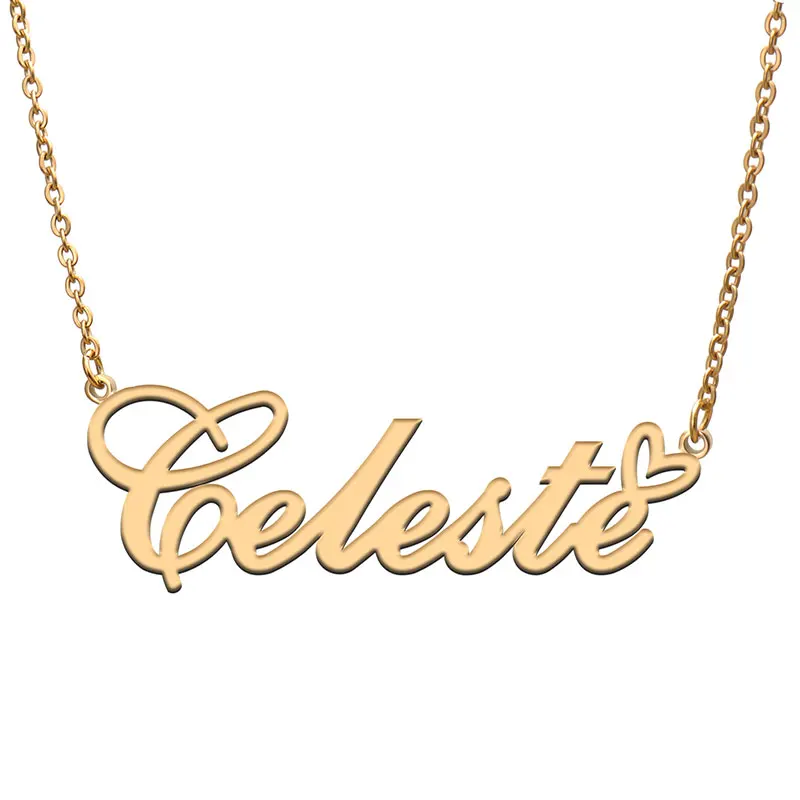 Celeste with Love Heart Name Necklace for Women Stainless Steel Jewelry Nameplate Pendant Femme Mother Child Girls Gift