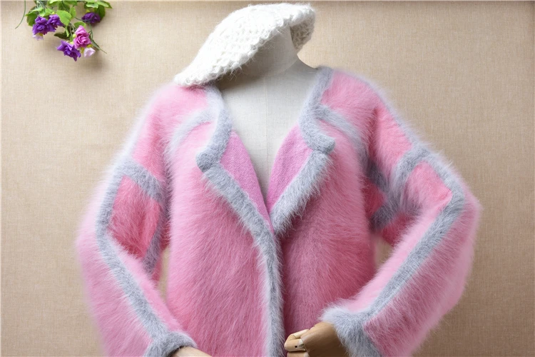 1.2KG heavy thick female women sweet pink mink cashmere knitted long sleeves loose cardigans angora fur jacket coat sweater pull