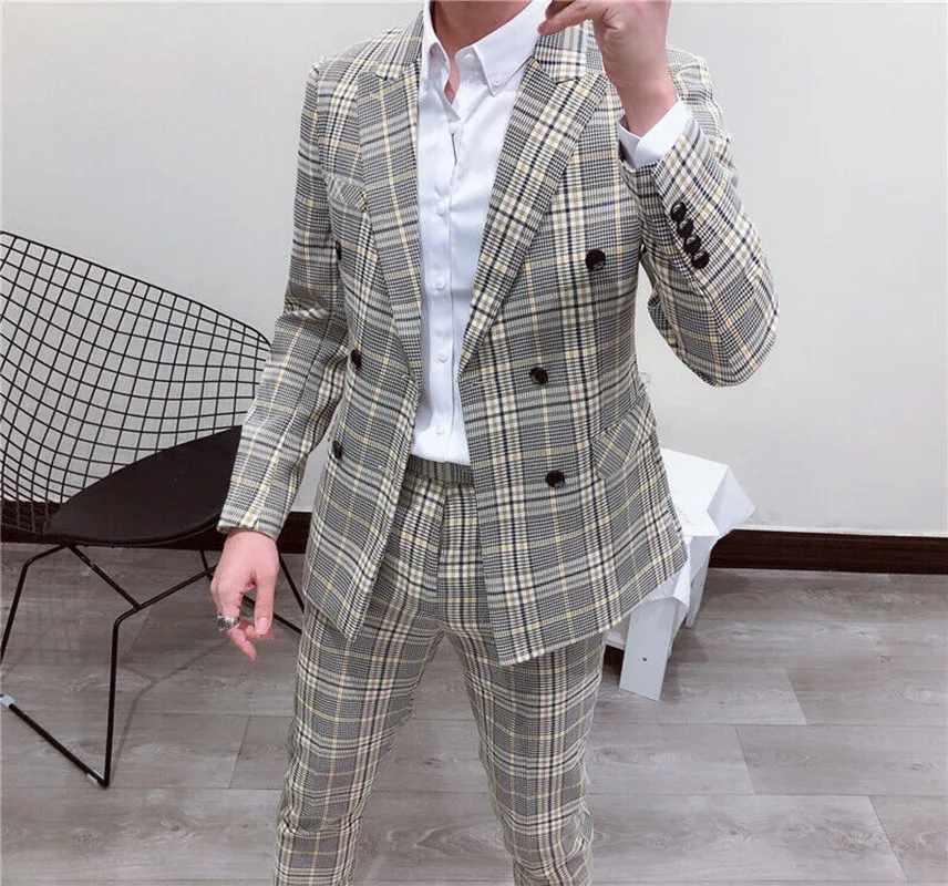 Latest New Style Smoking Plaid Men's Suit Double Breasted 2 Pieces Blazer Pants Tailored Formal Wedding Tuxedos Causal Prom  New