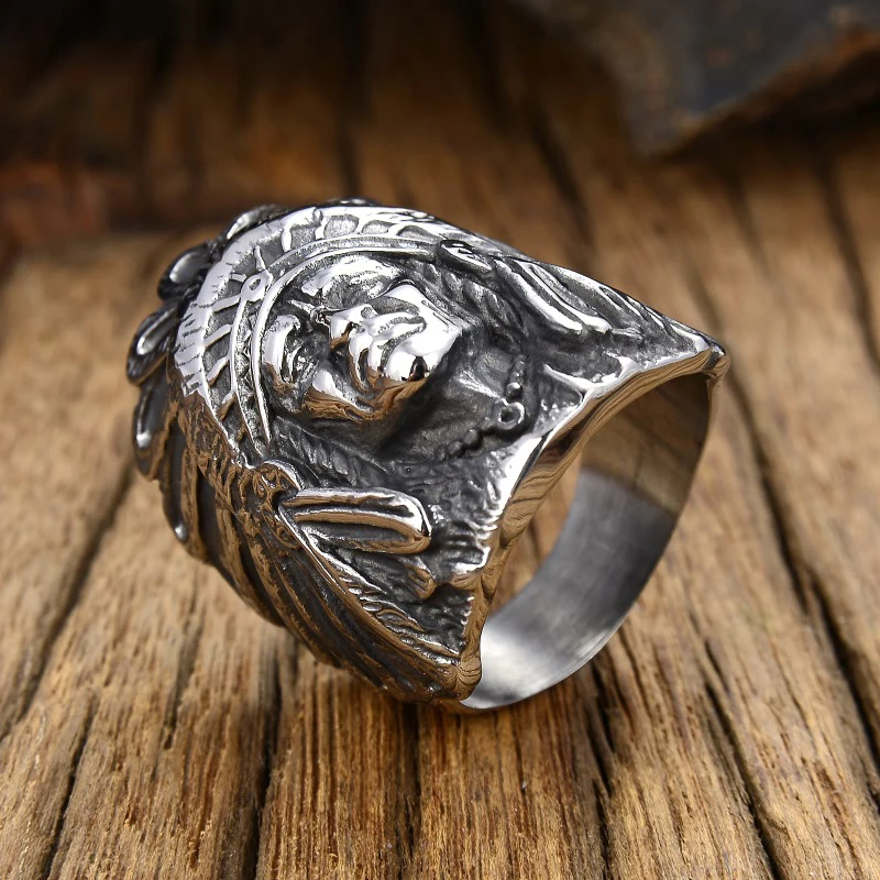 Picture 4: Detailed Indian Chief Ring Men's 316L Stainless Steel Biker Ring Male Huge Punk Hip Hop Rings Best Gift for Friend