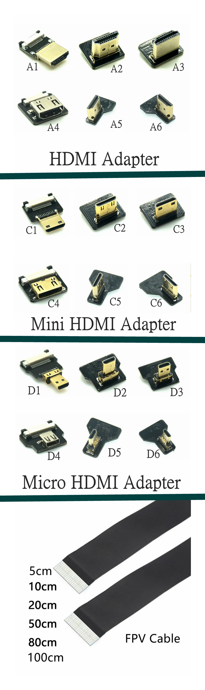 D5 FPV HD 90 Degree Left Right Up Adapter FPC Ribbon Flat HDMI-compatible Cable Pitch 20pin For Multicopter Aerial Photography