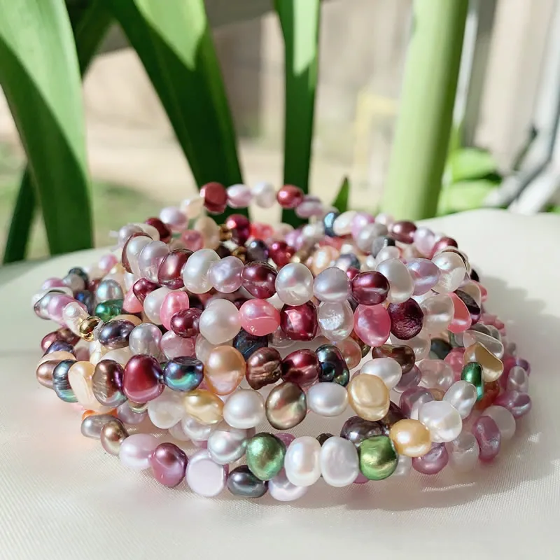 Colorful Natural Freshwater Pearl Bracelets for Women Jewelry Irregular Baroque Pearl Beaded Strand Elastic Bracelets Wedding