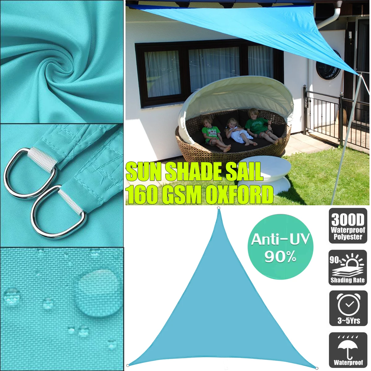 

300D 8 sizes Regular Triangle Shade Sail Waterproof Polyester awning Sky blue Sun Outdoor Sun Shelter garden Camping Canopy shed