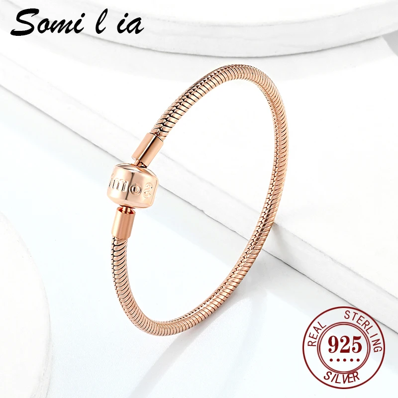 Somi-pulsera clásica chapada en oro rosa lia-100 % auténtica para mujer, cadena de serpiente de 3mm, abalorio de estilo europeo, joyería de lujo