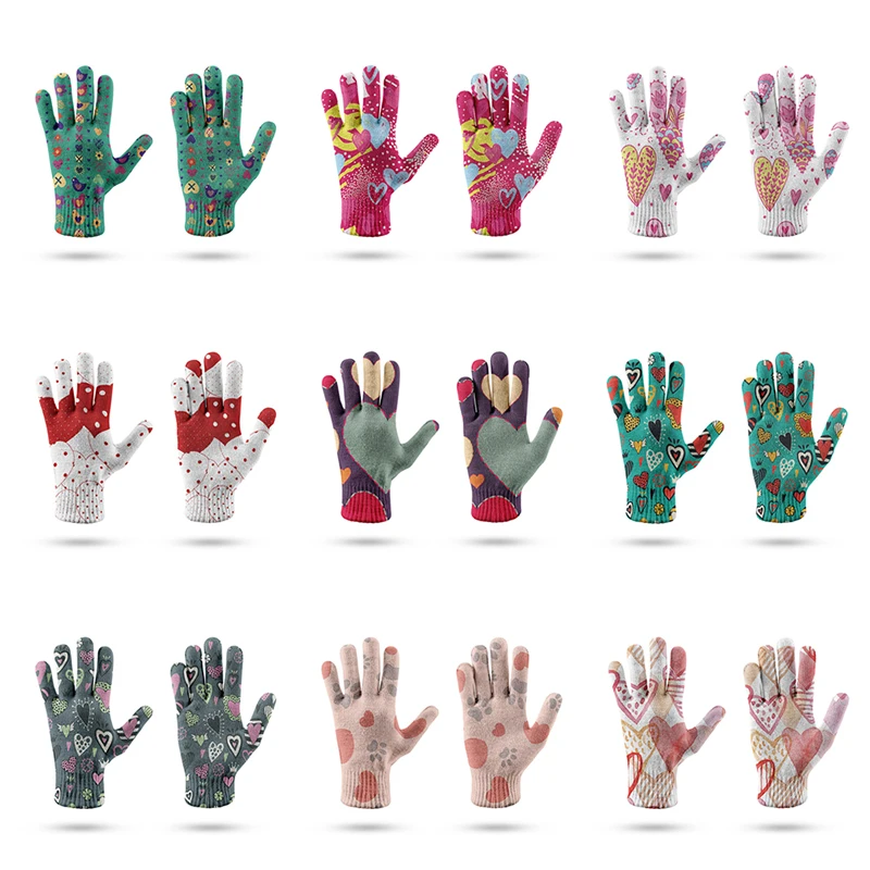 Guantes de punto con estampado 3D de corazón rosa para mujer, guantes elásticos Unisex para ocio al aire libre, otoño e invierno, nuevo par