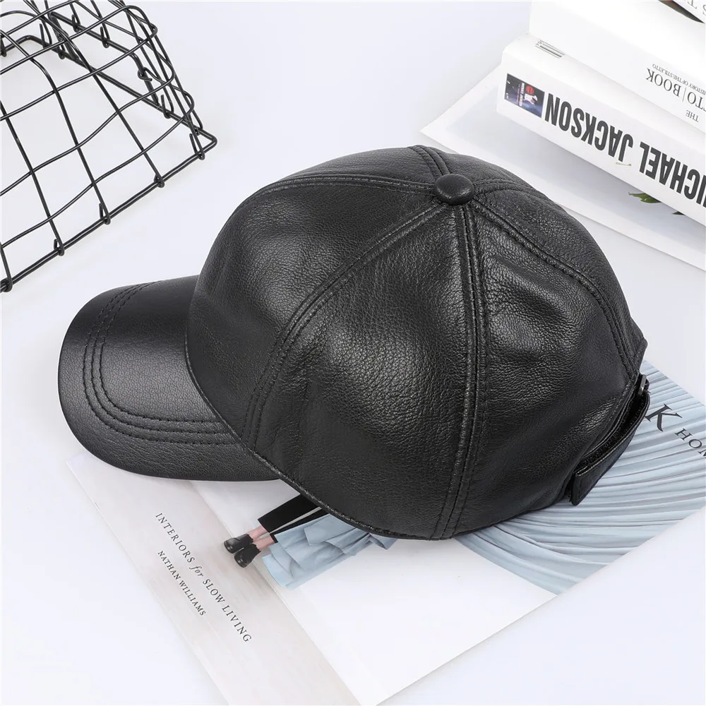 Genuine Leather Baseball Cap Men Black Cowhide Hat Snapback Male Adjustable Autumn Winter Real Leather Peaked Hats