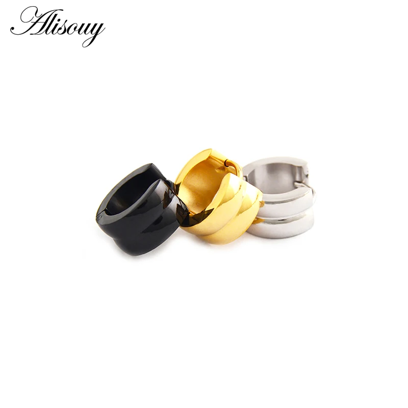 Alisouy 2pcs Black Gold Color Wide Hoop Earing stainless steel Circle Piercing Huggies earring set for women men Korean Jewelry