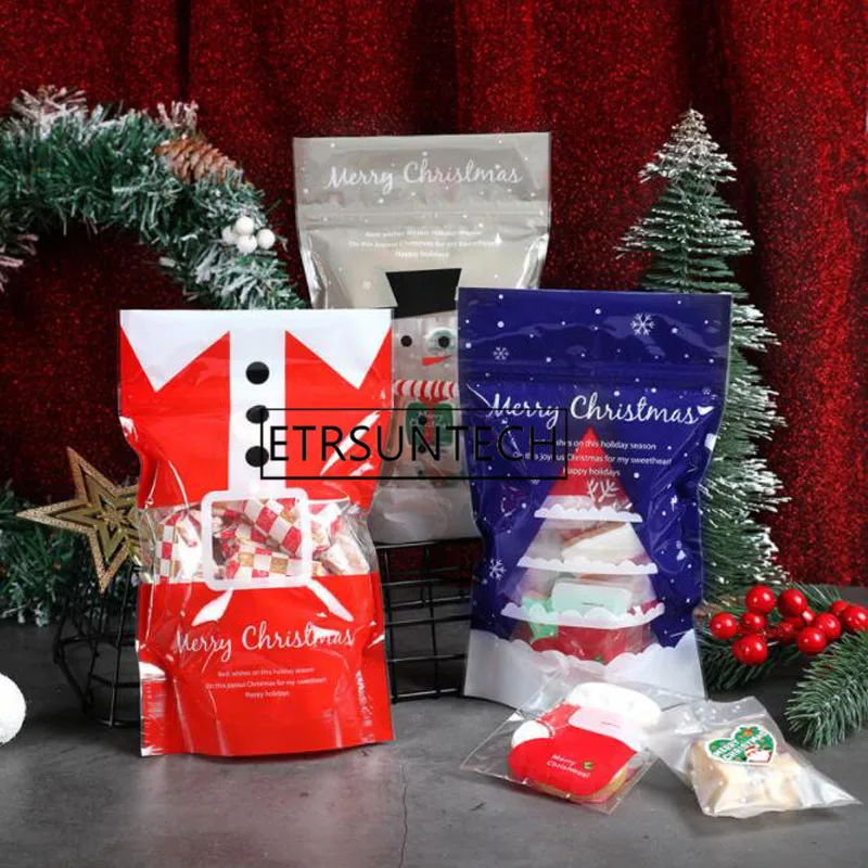 500pcs Christmas Candy Cookie Bag Nougat Stand Up Zipper Bags With Window Plastic Packaging For Tea Candy Baking