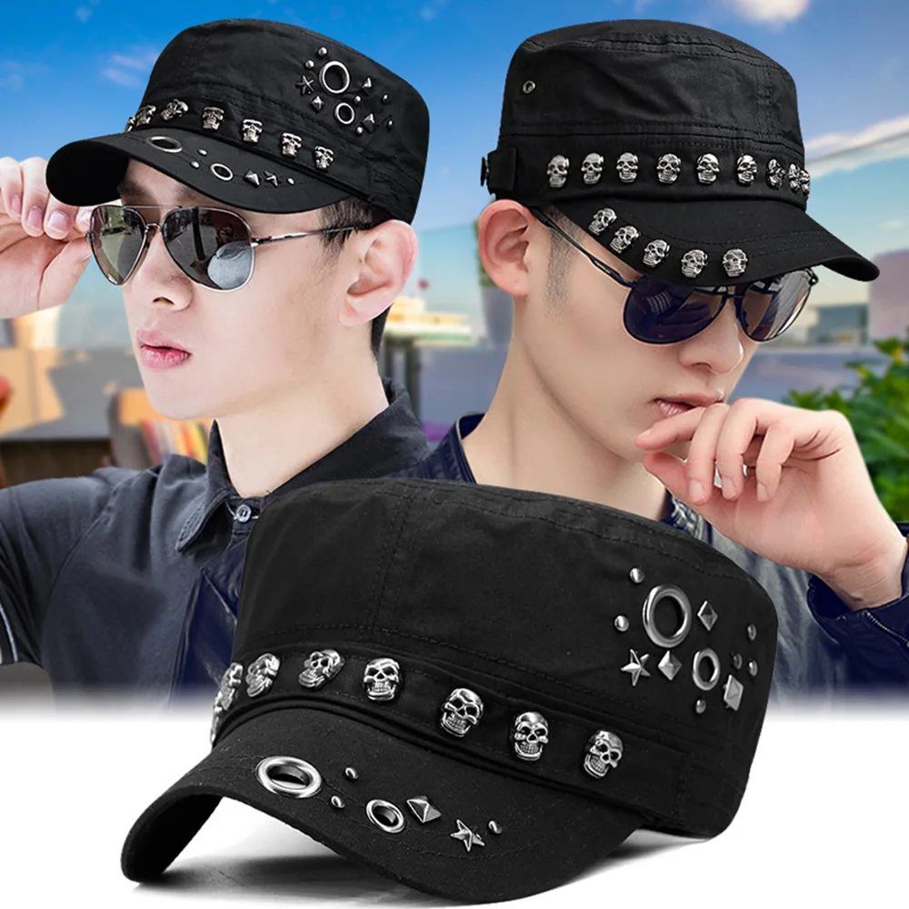 Adult Hip Hop Punk Rock Skull Rivet Flat Peaked Hats Men Spring And Autumn Fitted Baseball Caps