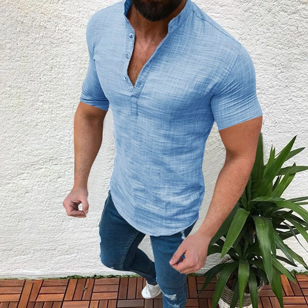 Men Linen Shirts Summer Short Sleeve Breathable Men\'S Baggy Casual Shirts Slim Fit Solid Cotton Shirts Mens Pullover Tops Blouse