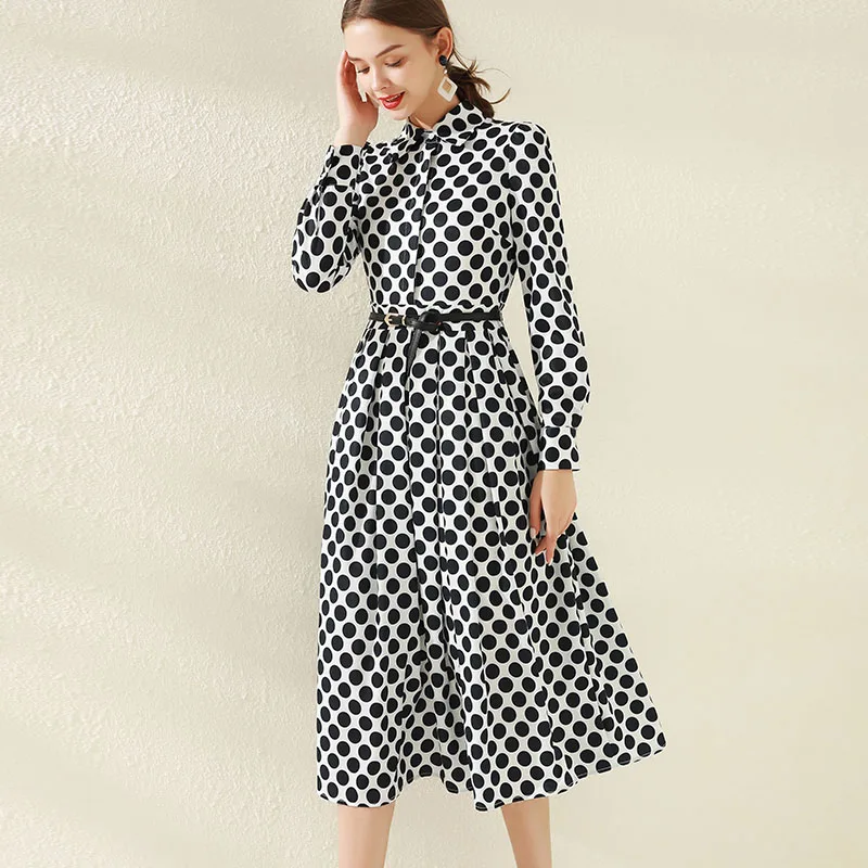 

High Quality Nice Spring and Summer New Nice Dresses Women's Long Sleeve Lapel Single-Breasted Retro Polka Dot Shirt Dress