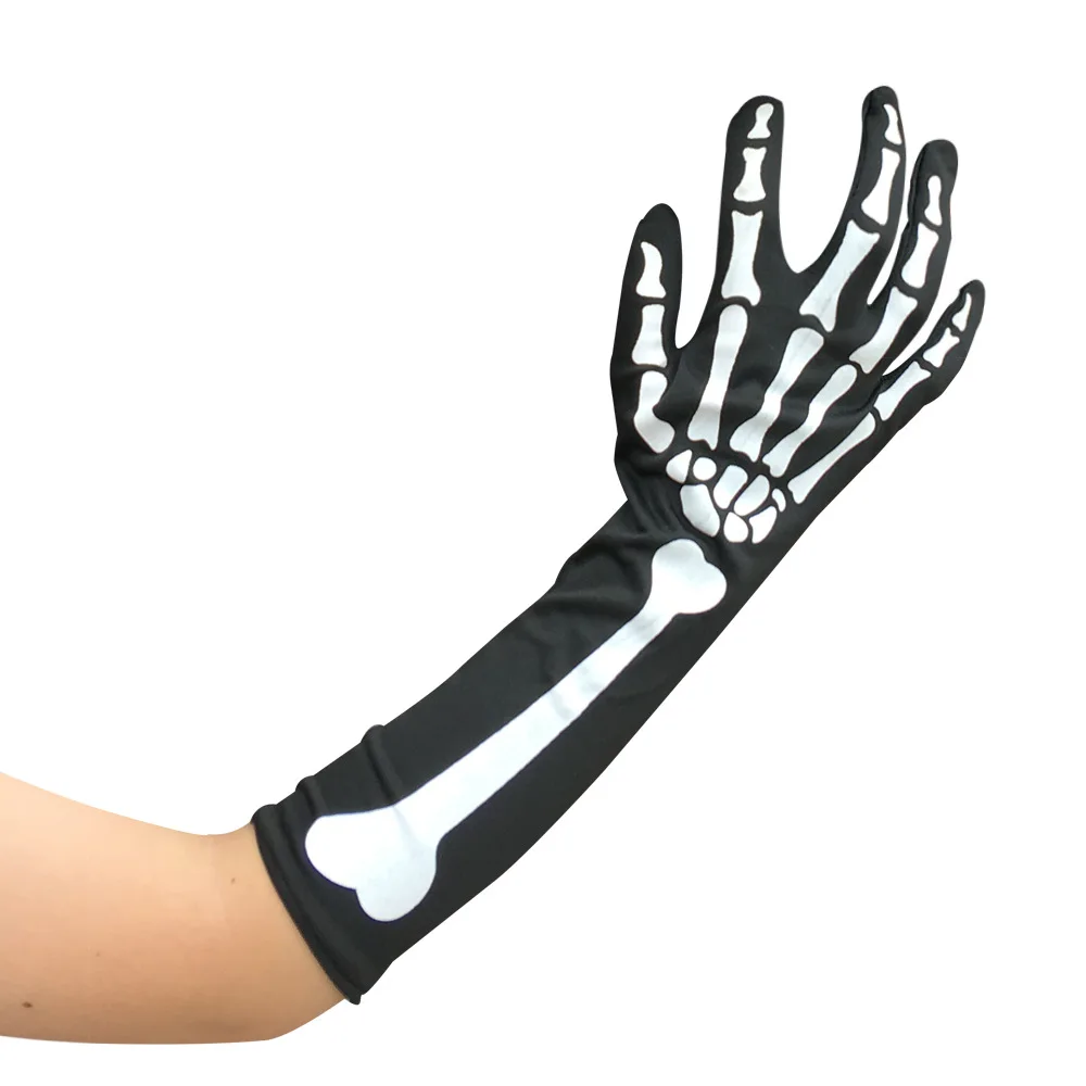 Halloween Skeleton Long Ghost Gloves Horror Performance Bar Prom Dress Up Props Hip Hop Punk Full Finger Elastic Skull Gloves S4