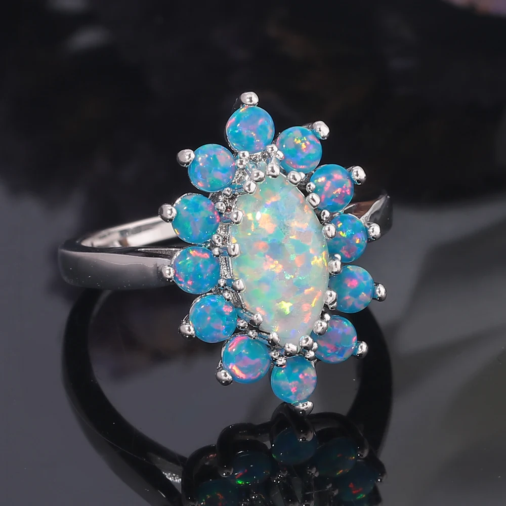 CiNily Created White Rainbow Fire Opal Silver Plated Wholesale Hot Sell Fashion Jewelrys For Women Opal Rings Size 7-9 OJ9585